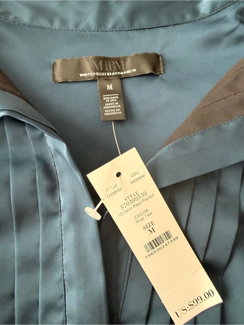 WhiteHouseBlackMarket dark teal Pintuck Long-Sleeve Blouse - Picture 8 of 8